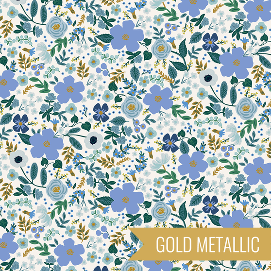 RIFLE PAPER CO, Garden Party WILD ROSE in Blue Metallic,  ELEGANTE VIRGULE CANADA, CANADIAN FABRIC QUILT SHOP, Quiting Cotton