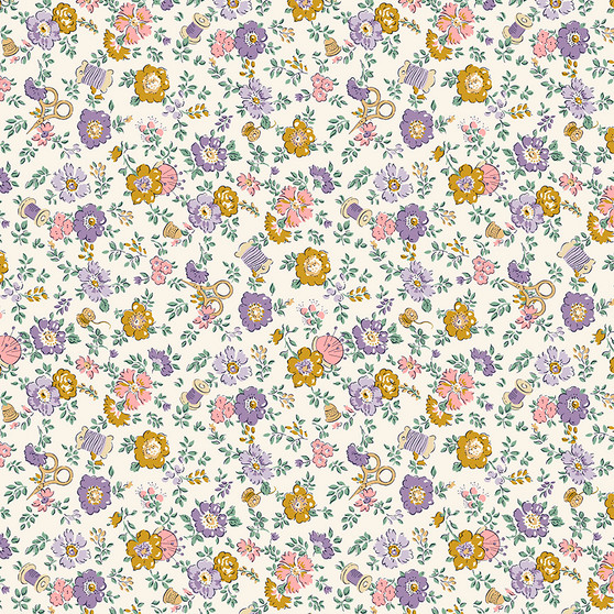 Liberty Quilting, TUDOR CELEBRATION, Haberdashery Floral C in Lilac and Gold - Elegante Virgule Canada