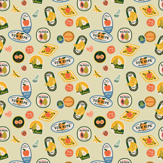 RIFLE PAPER CO, ORCHARD, Fruit Stickers in Khaki - ELEGANTE VIRGULE CANADA, Canadian Fabric Quilt Shop, Quilting Cotton