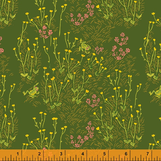 WINDHAM FABRICS, HEATHER ROSS West Hill, Tall Buttercups in Pond Green - ELEGANTE VIRGULE CANADA