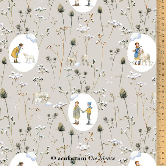 ACUFACTUM Fabrics, Autumn / Winter, Ovals Winter Children and Sheep in Clay - ELEGANTE VIRGULE CANADA, Acufactum Fabrics