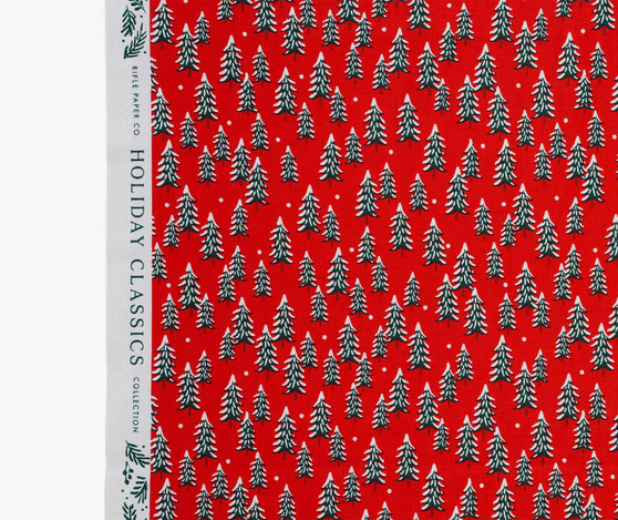 RIFLE PAPER CO HOLIDAY CLASSICS, Fir Trees in Red - by the half-meter - by the half-meter - Elegante Virgule Canada, Canadian Fabric Quilt Shop, Quilting Cotton