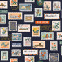 RIFLE PAPER CO, BON VOYAGE, Postage Stamps ​in Navy - by the half-meter, Elegante Virgule Canada, Canadian Fabric Quilt Shop, Quilting Cotton