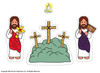 This paper doll cut-out set features Jesus prominently displaying John 3:16 and a heart symbol, alongside a landscape of three crosses, enhancing your child's enjoyment during playtime.