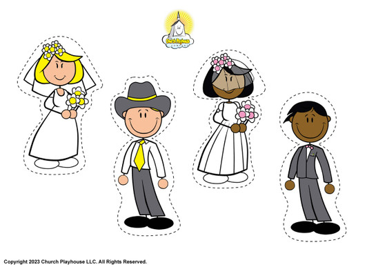 Presenting a paper doll cut-out featuring a country-style bride and groom adorned in yellow accents with light-colored hair and fair skin, alongside a formal bride and groom in pink accents with dark-colored hair and skin.  Role-playing a church wedding has never been more enjoyable and can contribute to your child's delight during playtime.