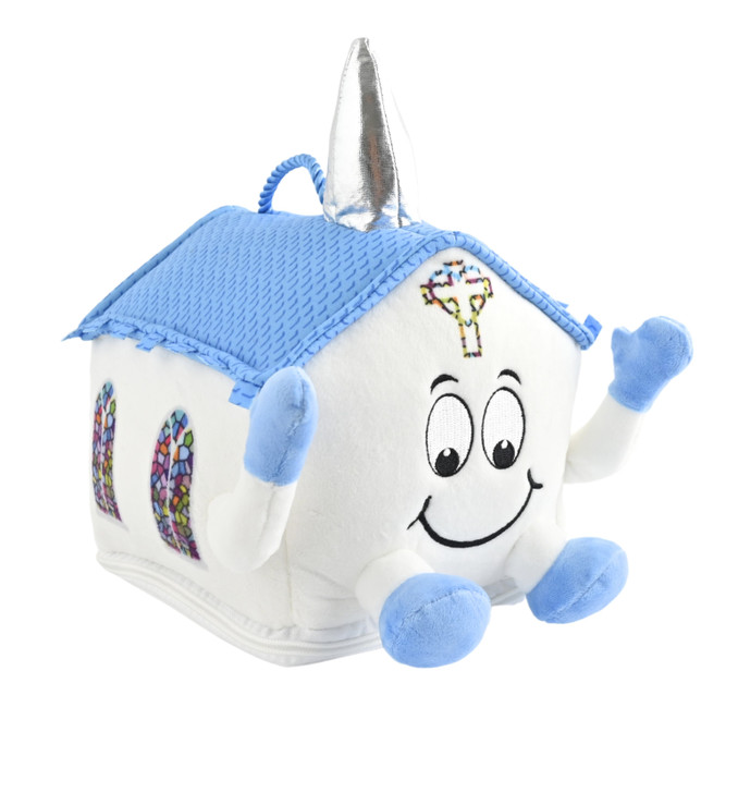 Introducing our adorable House Plush Toy! Created and designed in America, this charming toy features a friendly face, a soft blue roof, and a shiny silver chimney. Perfect for cuddling and imaginative play, it's made from high-quality, child-safe materials. Compact and easy to carry, it’s a delightful addition to any child's collection. Playsets and coloring sheets sold separately.