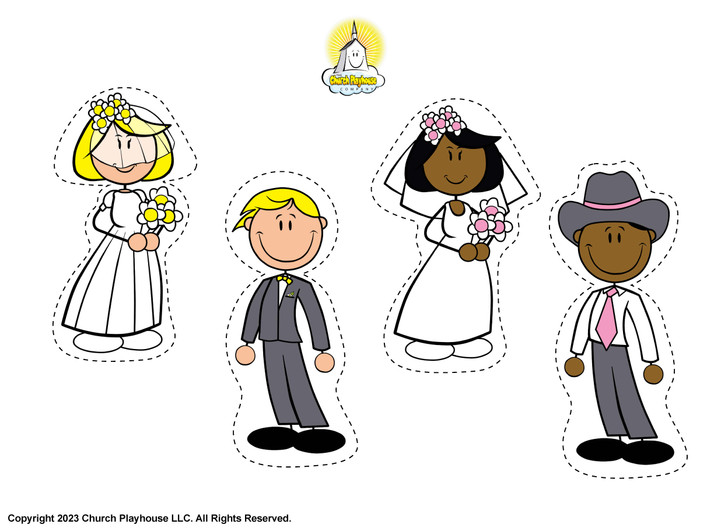 Presenting a paper doll cut-out featuring a formal bride and groom adorned in yellow accents with light-colored hair and fair skin, alongside a country-style bride and groom in pink accents with dark-colored hair and skin.  Role-playing a church wedding has never been more enjoyable and can contribute to your child's delight during playtime.