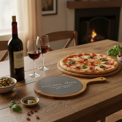 Round Acacia Wood/Slate Serving Board with Handle