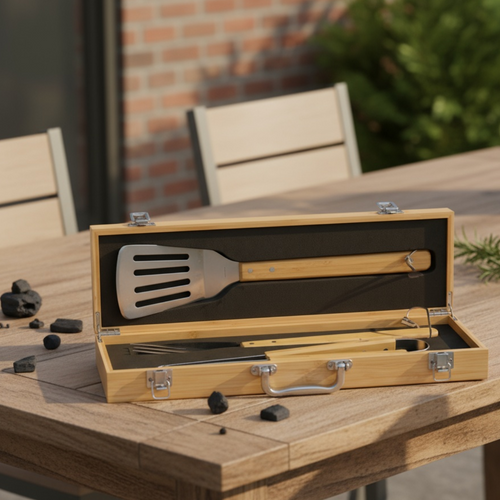 3-Piece Bamboo BBQ Set in Bamboo Case