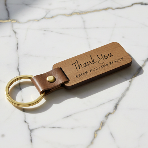 PERSONALIZED LEATHER WOOD KEYCHAIN