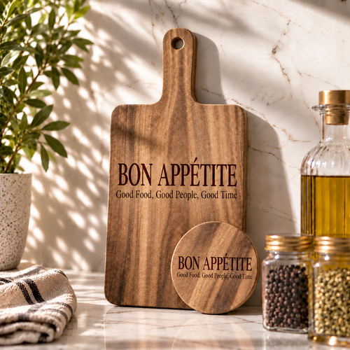 ACACIA WOOD CHARCUTERIE BOARD & COASTER