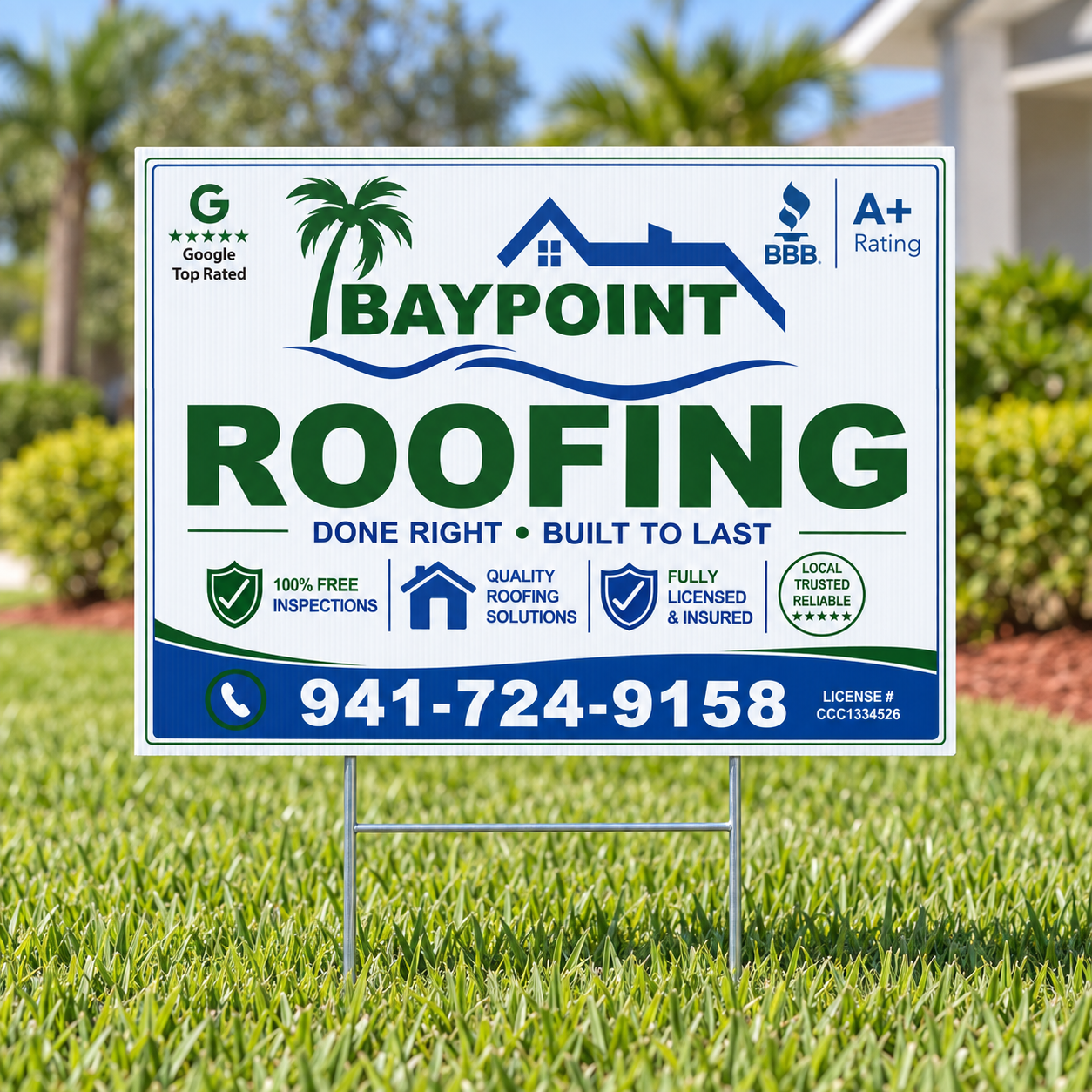 Baypoint Roofing custom yard sign with H-stake printed by REDBiRD PRINTING in Orlando, Florida