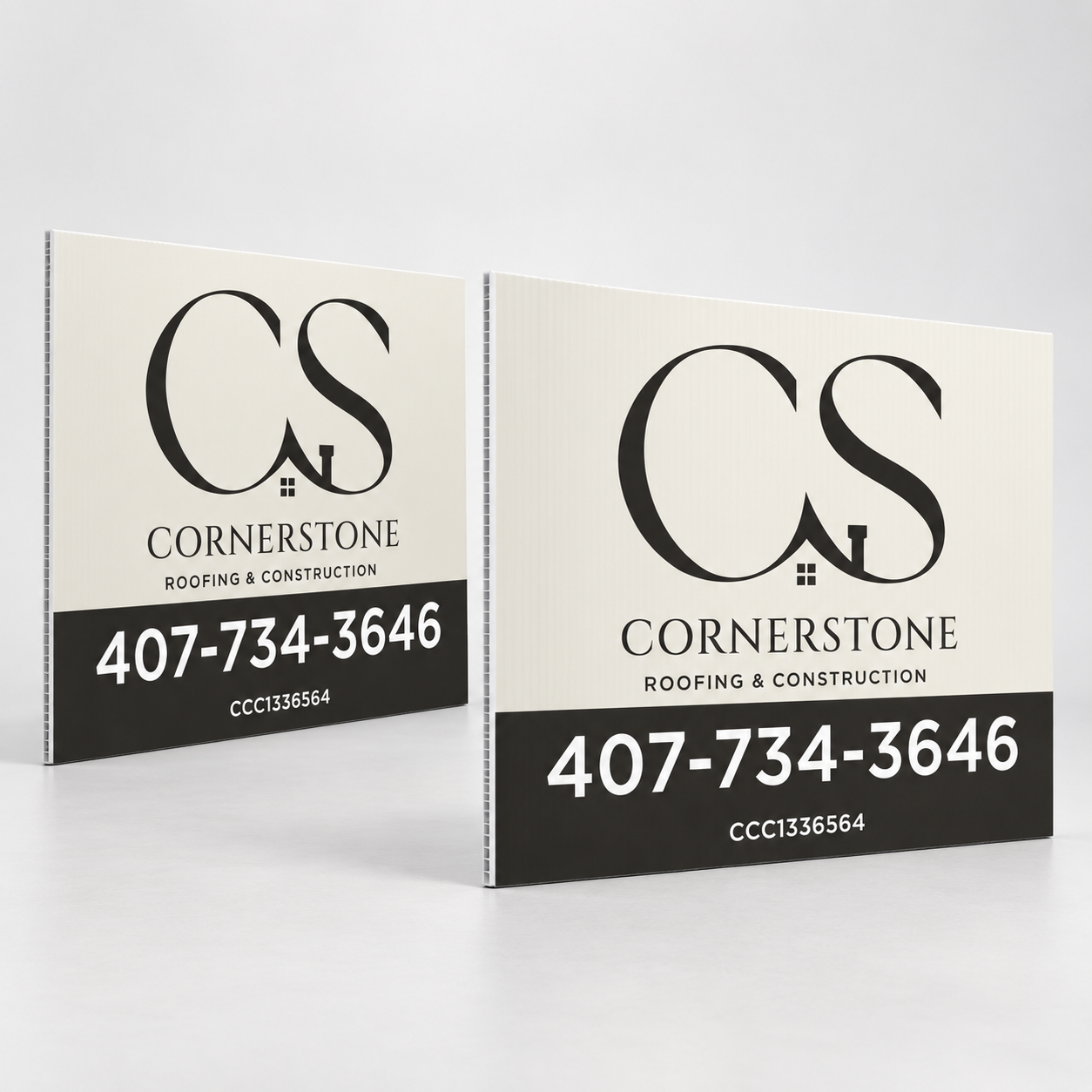 Cornerstone Roofing and Construction custom yard sign printed by REDBiRD PRINTING in Orlando, Florida