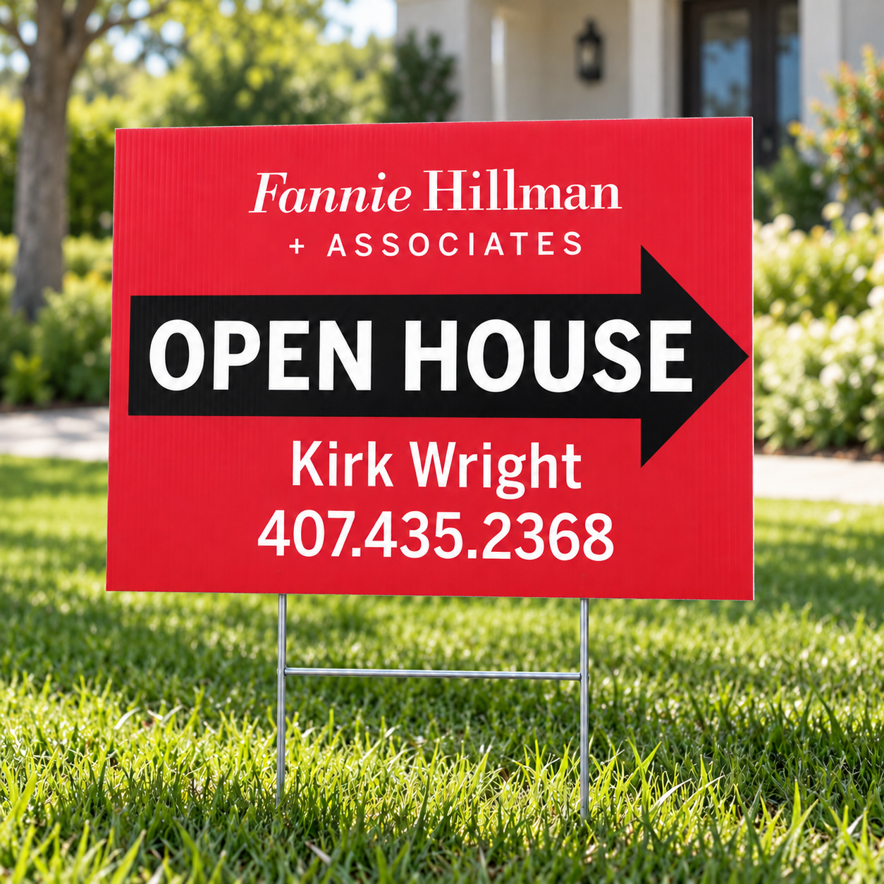 Fannie Hillman and Associates open house yard sign with H-stake printed by REDBiRD PRINTING in Orlando, Florida