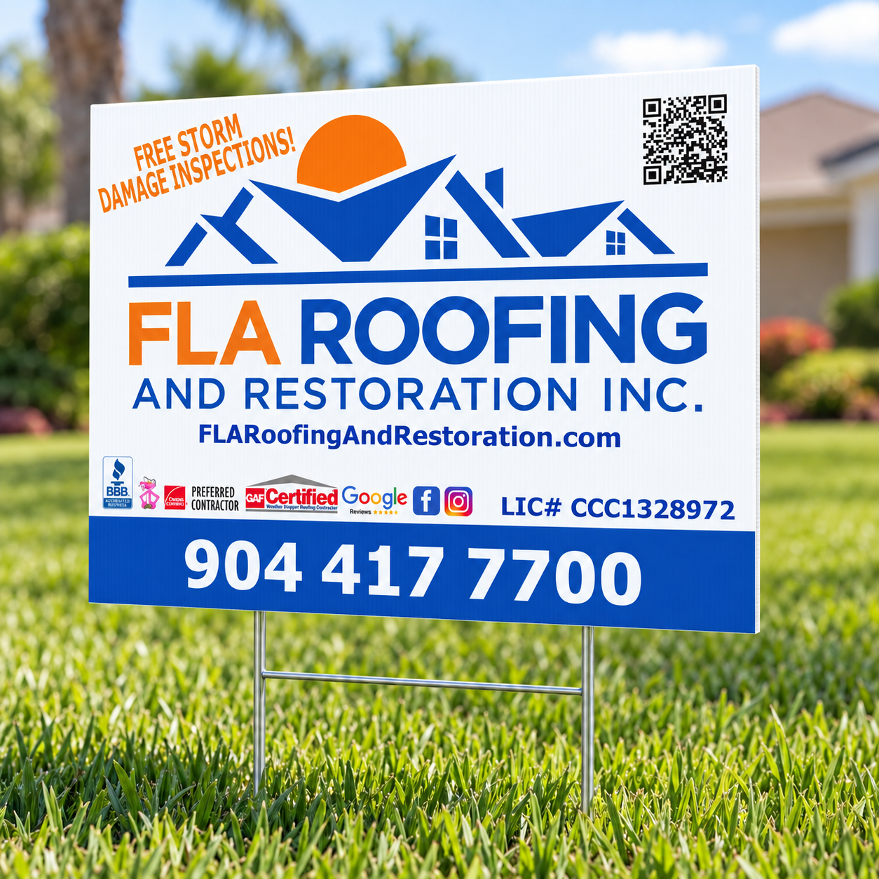 Florida Roofing custom yard sign with H-stake printed by REDBiRD PRINTING in Orlando, Florida