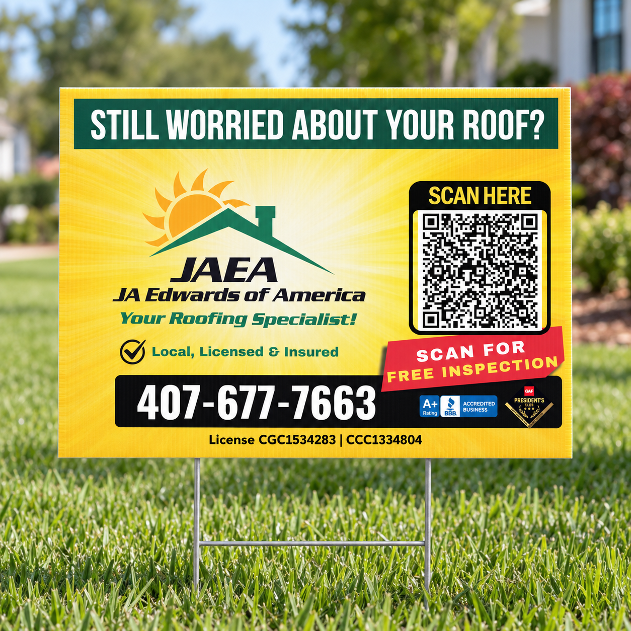 JA Edwards of America custom yard sign with H-stake printed by REDBiRD PRINTING in Orlando, Florida