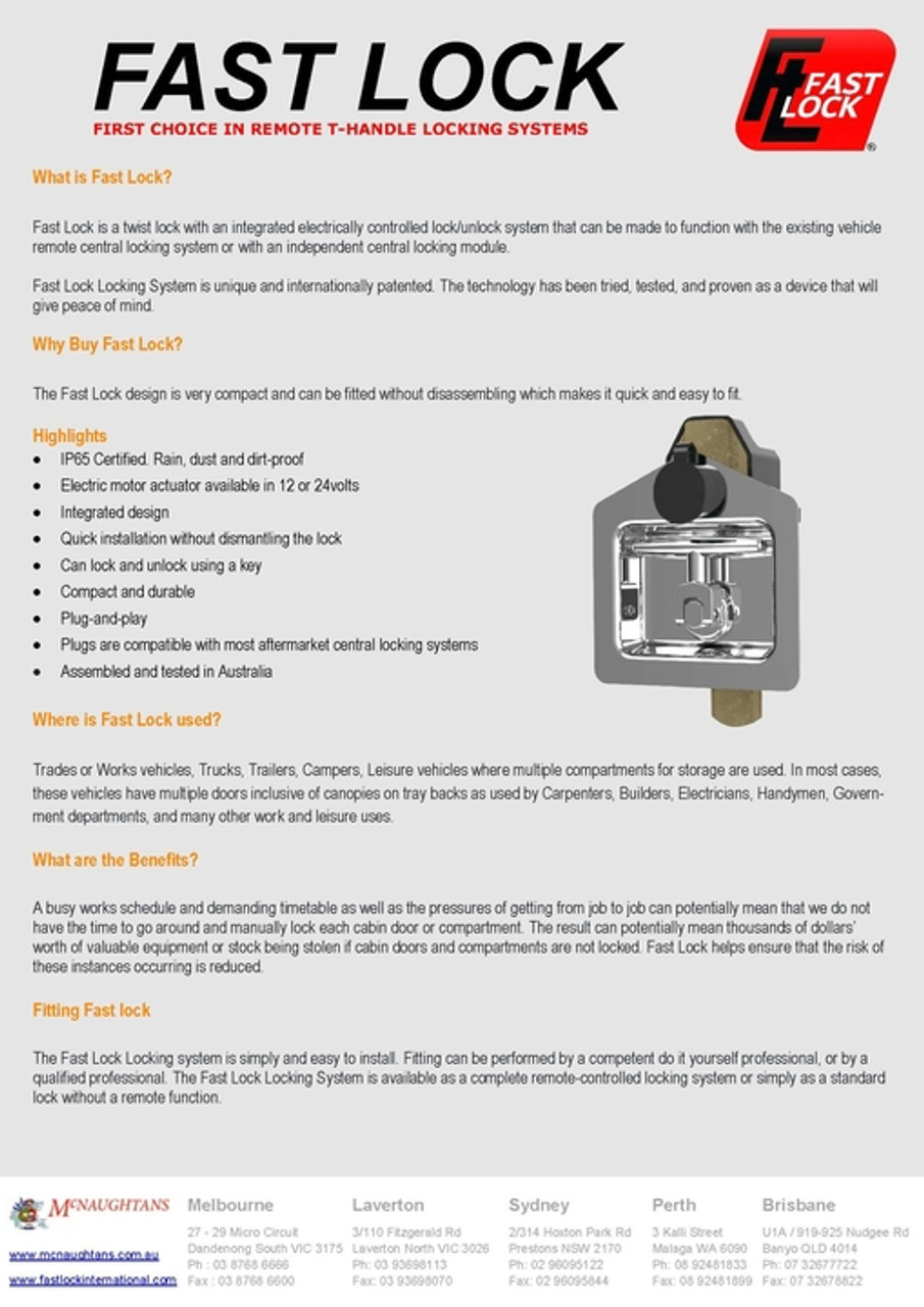 FASTLOCK Electronically Locking T-Handle Lock With Remote Locking Capability Bent Tongue