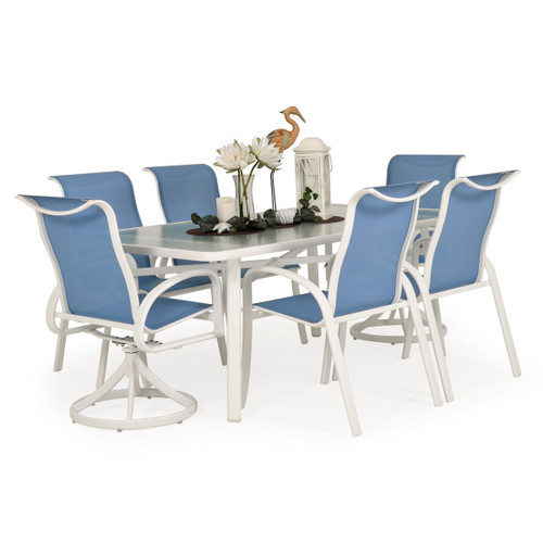 Madeira Glass Top Dining Set in Textured White with Tranquil Blue Sling