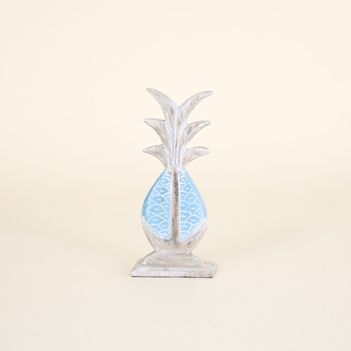 Wood Pineapple on Stand, Natural Wood and Aqua, Small