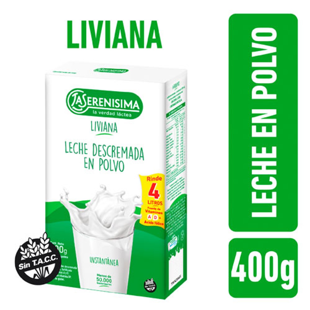 Leche Descremada En Polvo La Serenísima Powdered Skim Milk, 400 g / 14.1 oz  for 4 lts