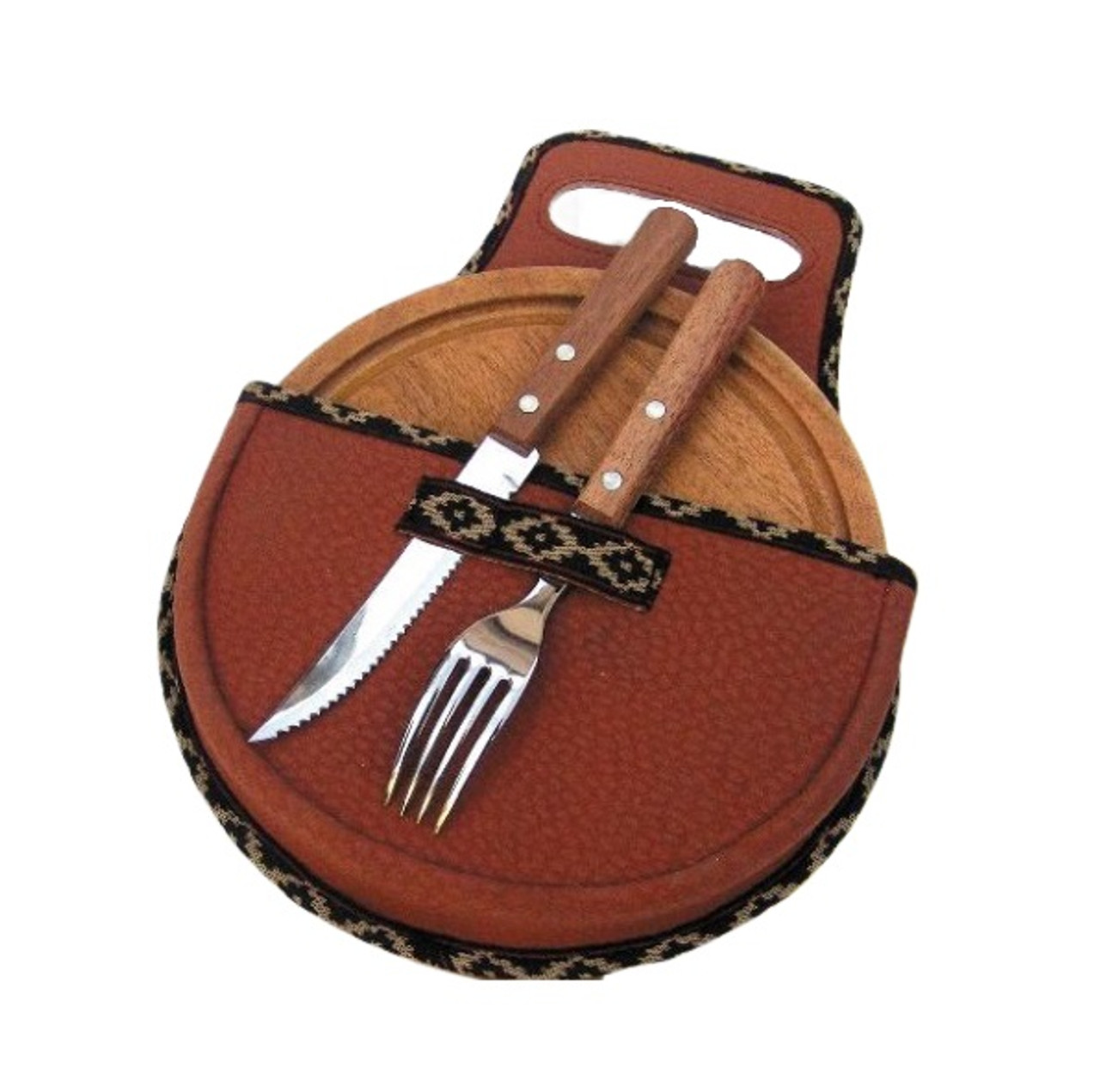 Asado BBQ Kit Wooden Plate, Cutlery Fork & Knife with Leather