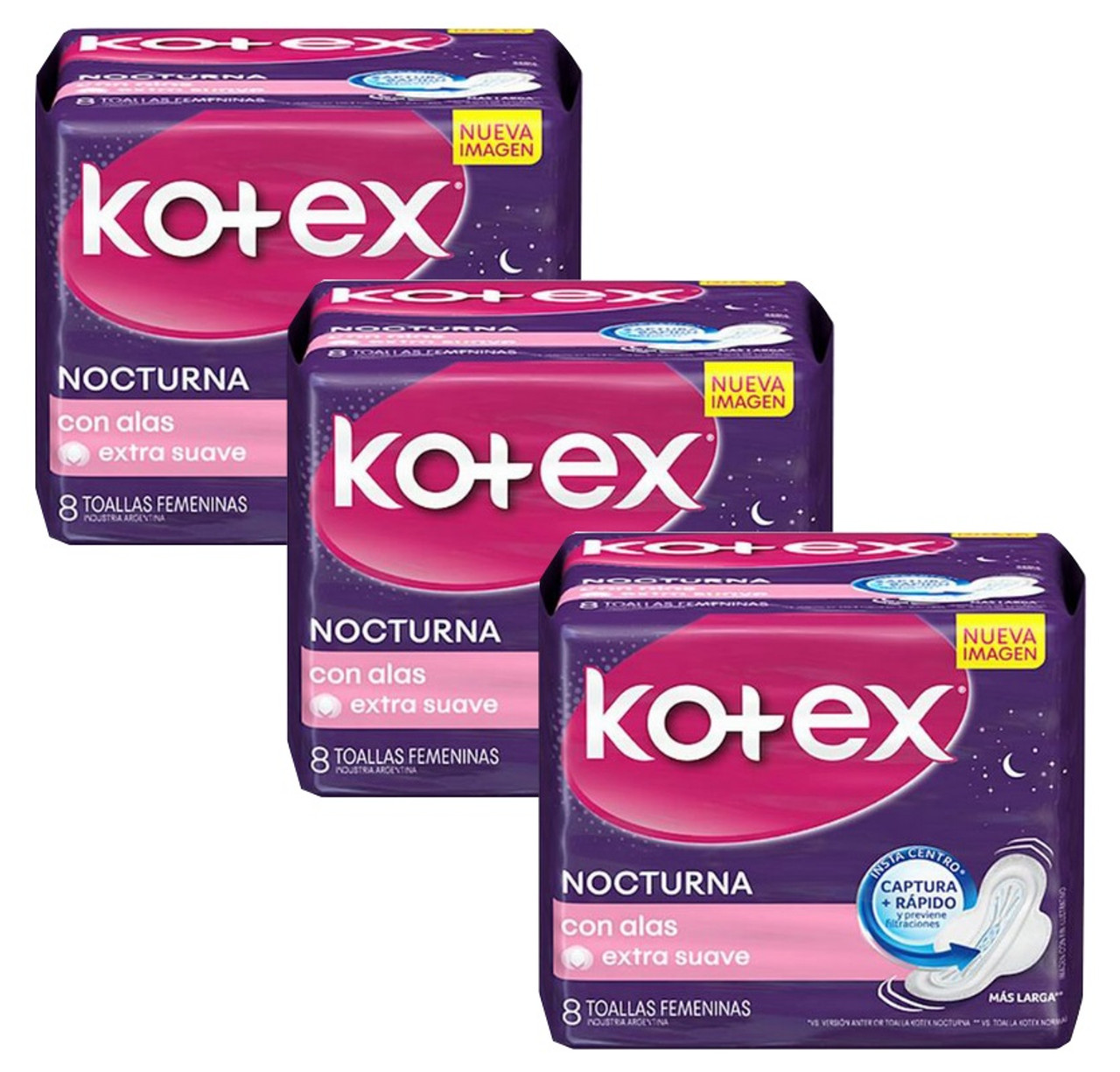 Kotex Toallitas Nocturnas Extra Soft Feminine Pads with Wings Long  Overnight Pads, 8 count (pack of