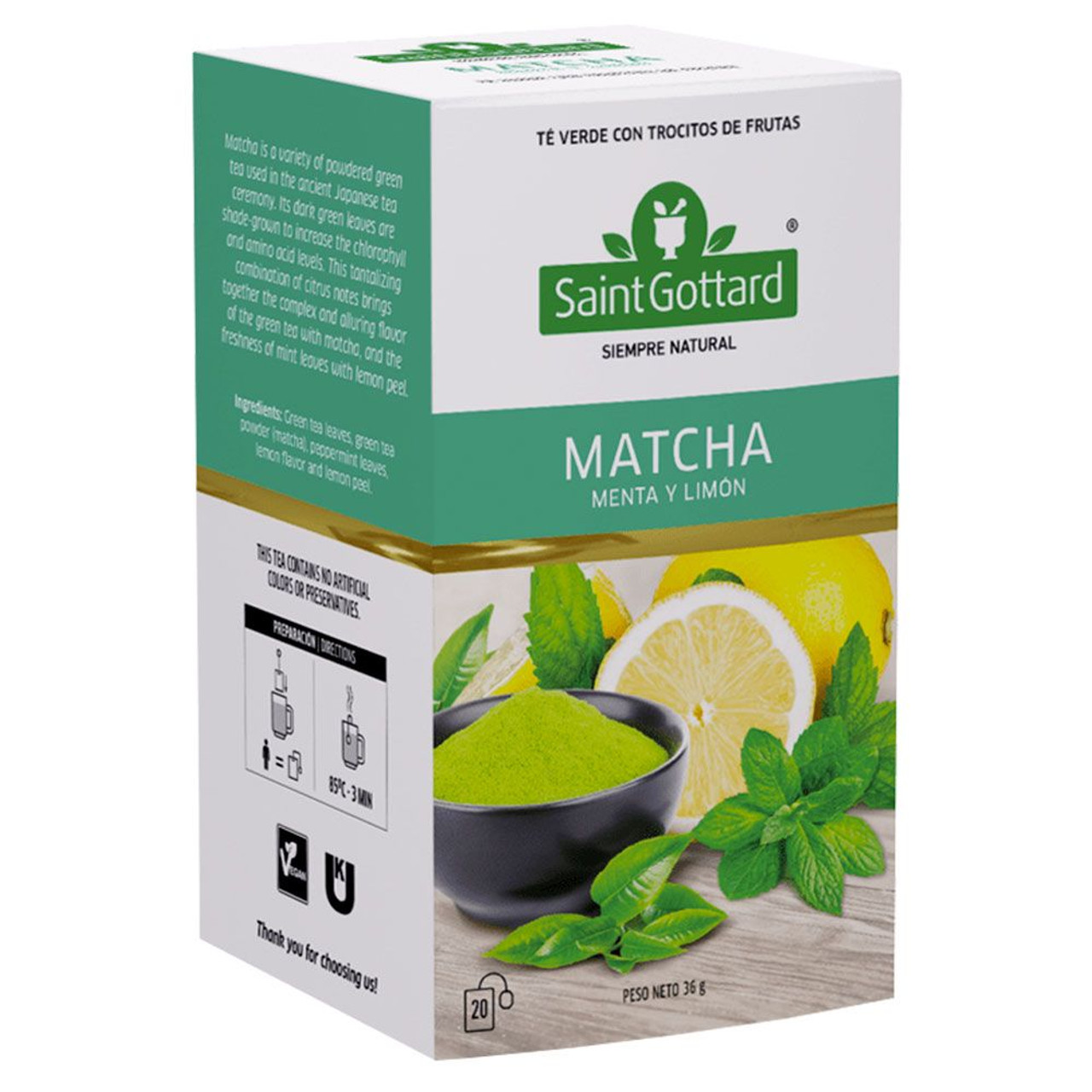 Saint Gottard Matcha Premium Herbal Tea Green Tea, Lemon & Mint (box of 20  bags)