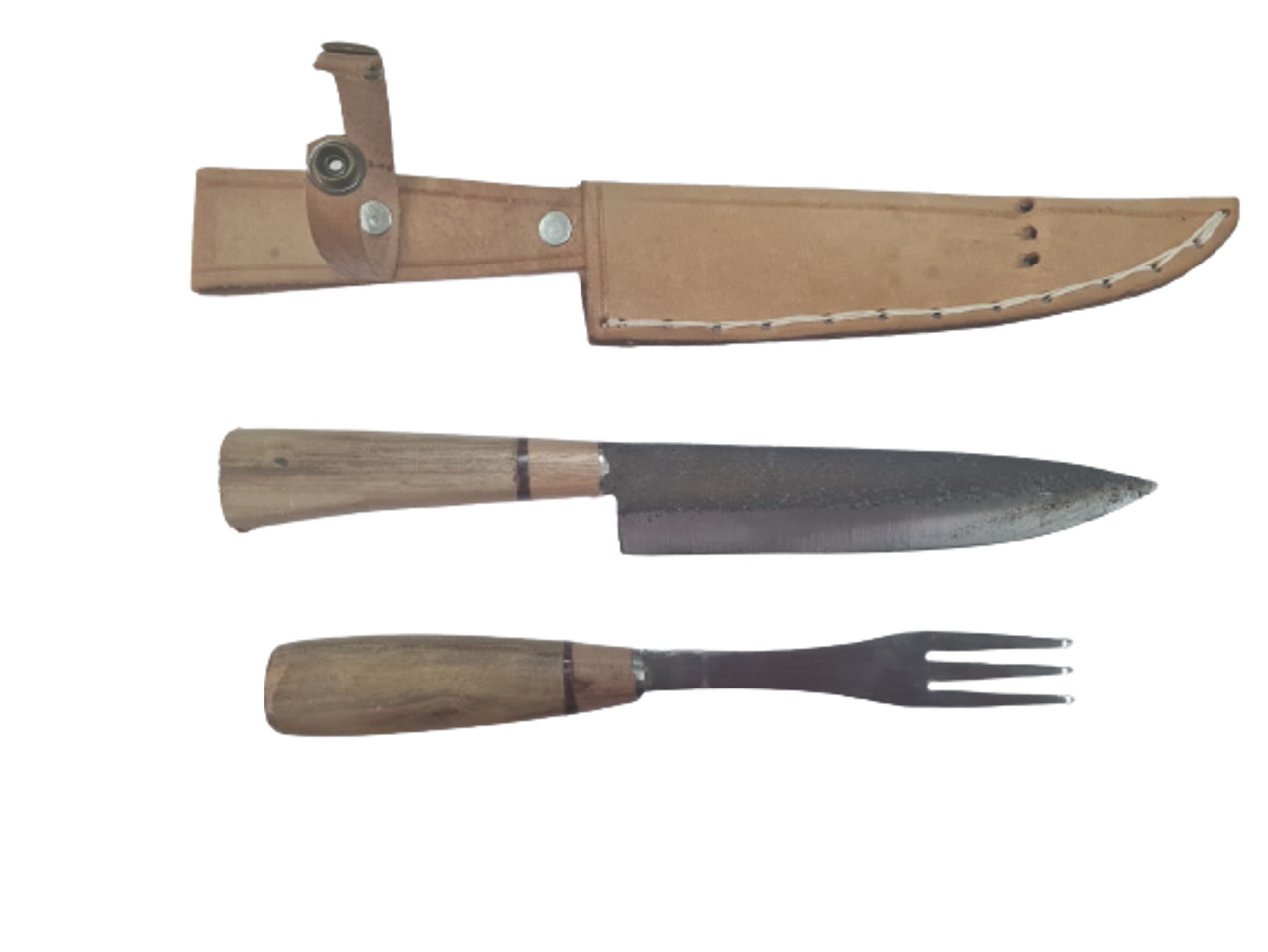 Knife and Fork Set, Wood Handle and Leather Sheath, to Accompany