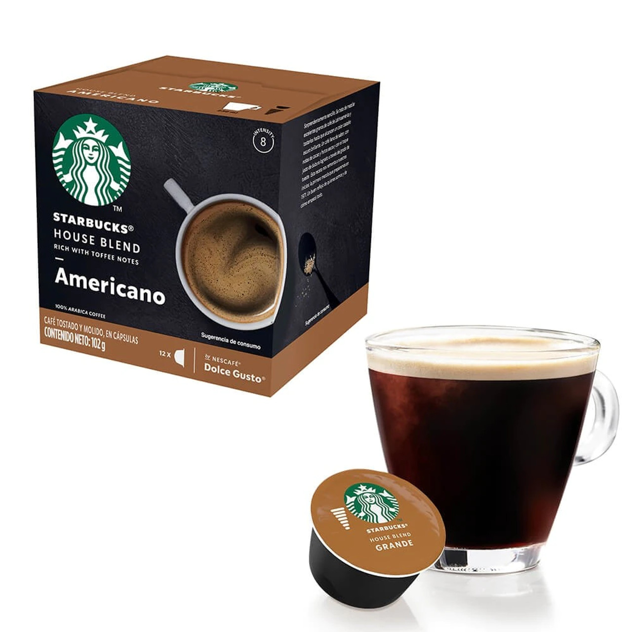 Nescafé Dolce Gusto Starbucks Americano Café Tostado Molido En Cápsulas  Coffee Capsules 100% Arabic, 8.5 g / 0.3 oz each (box of 12)