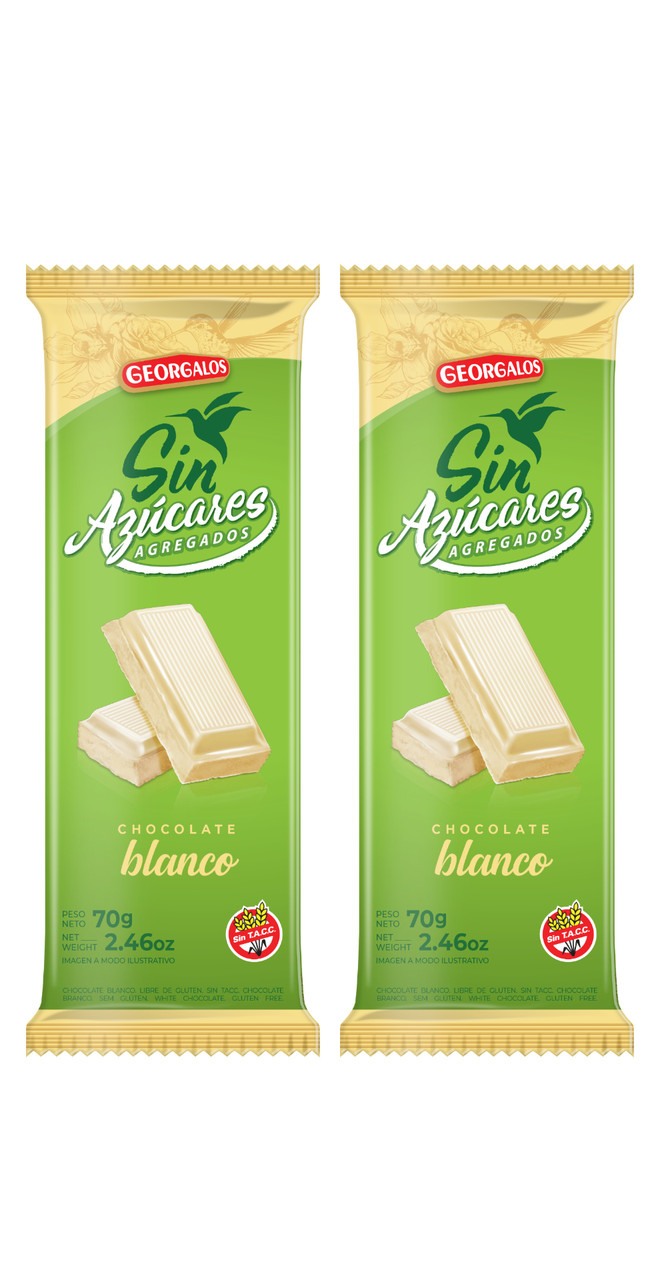 Georgalos Chocolate Blanco Sin Azúcares No Sugar Added White Chocolate Bar  with Dulce de Leche Filling, Gluten Free, 70 g / 2.46 oz ea (pack of 2