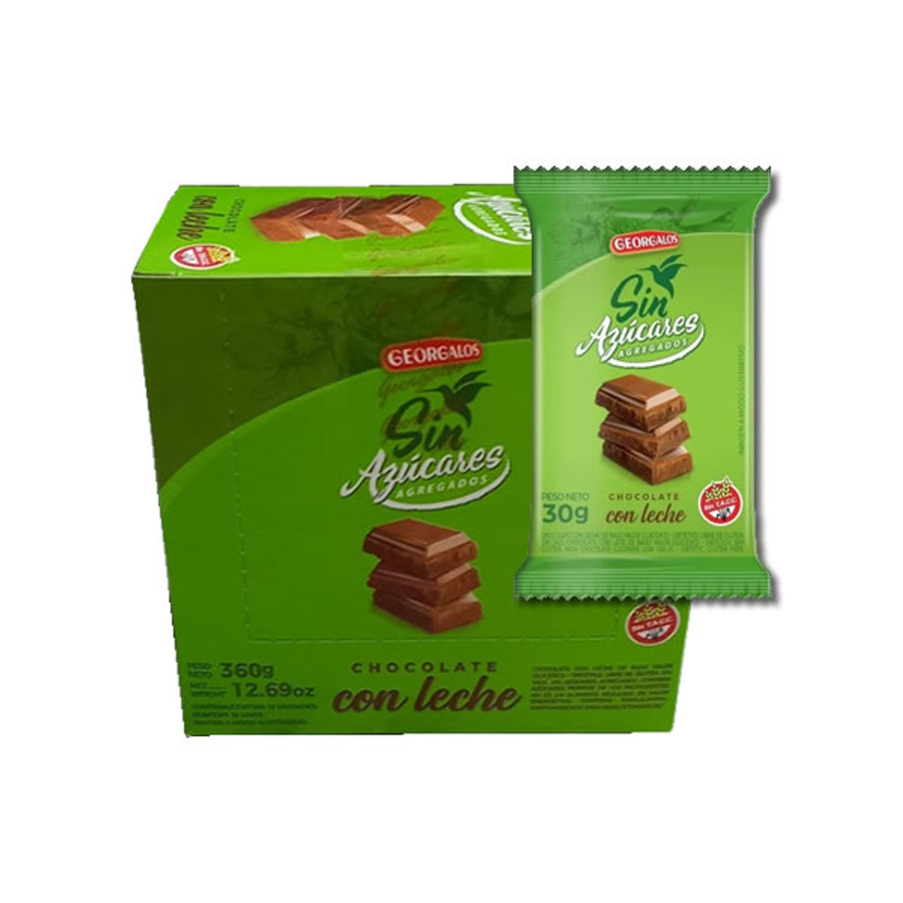 Georgalos Chocolate Sin Azúcares No Sugar Added Milk Chocolate Chocolate  Bar with Dulce de Leche Filling, Gluten Free, 360 g / 12.69 oz ea (box of  12