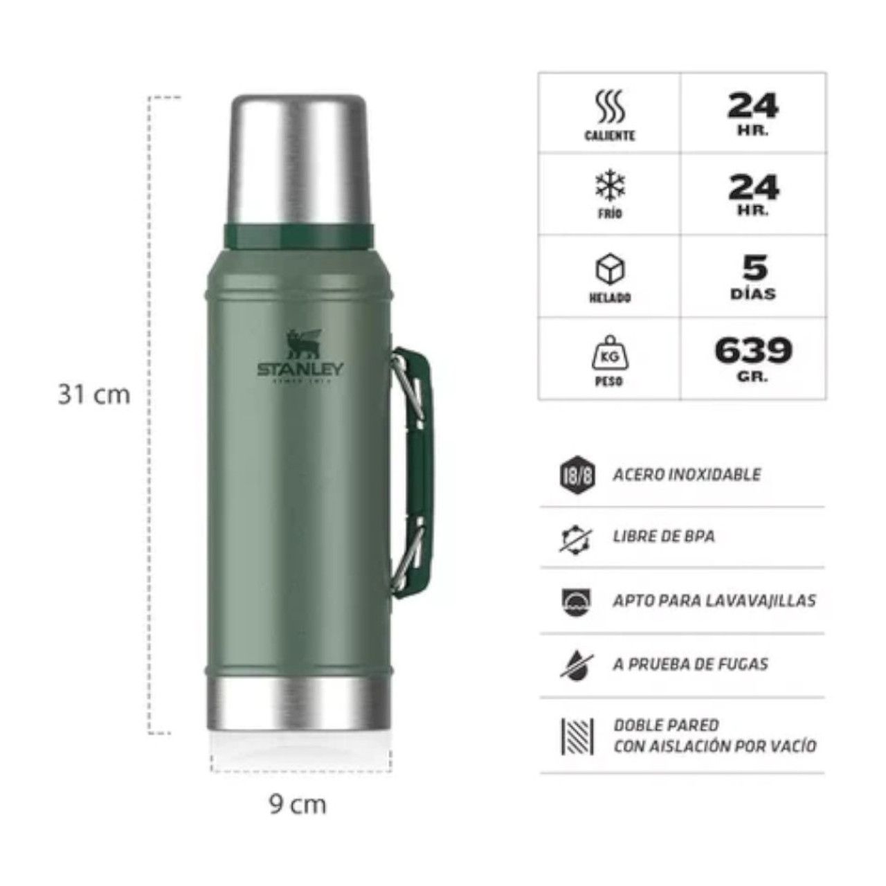 Kyma Mate Thermos - 1 Liter Capacity with Pouring Beak Cebador Tap Mate Gourd Thermos 1 L / 33.8 fl oz Cap (Various Colors Available) Green \/ Verde