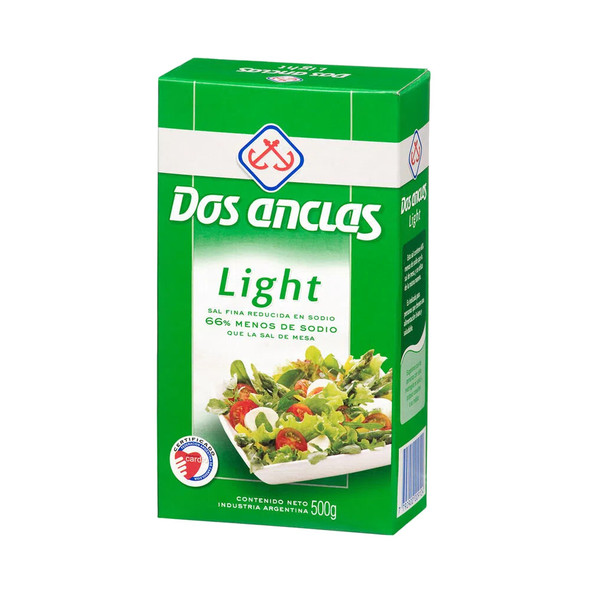 Dos Anclas Light Fine Salt - 66% Less Sodium Gluten-Free Sal Light Reducida en Sodio, 500 g / 1.1 lb