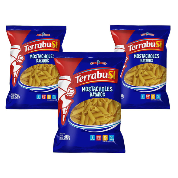 Terrabusi Striped Mostachol Pasta Noodles 5 Servings Mostachol Rayados, 500 g / 1.1 lb (pack of 3)