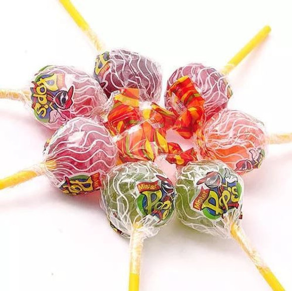Mister Pops Chupetines Clásicos Frutales Sour Lollypops Assorted Flavors Strawberry, Orange, Cherry & Apple, 12.5 g / 0.44 oz (pack of 10 lollypops)