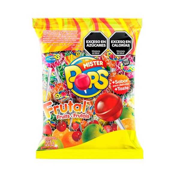 Mister Pops Chupetines Clásicos Frutales Sour Lollypops Assorted Flavors Strawberry, Orange, Cherry & Apple, 12.5 g / 0.44 oz (pack of 10 lollypops)
