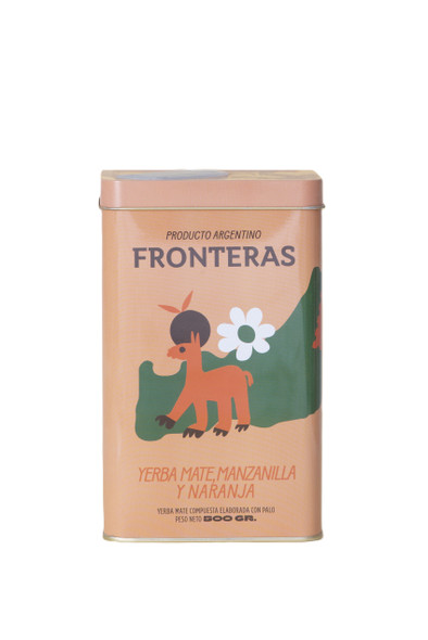 Fronteras Yerba Mate Can with Chamomile & Orange, Manzanilla & Naranja Can with Guanaco Design, 500 g / 1.1 lb