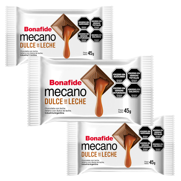 Bonafide Mecano Milk Chocolate with Dulce de Leche Filling Tableta de Chocolate con Leche Relleno de Dulce de Leche, 45 g / 1.59 oz (pack of 3)