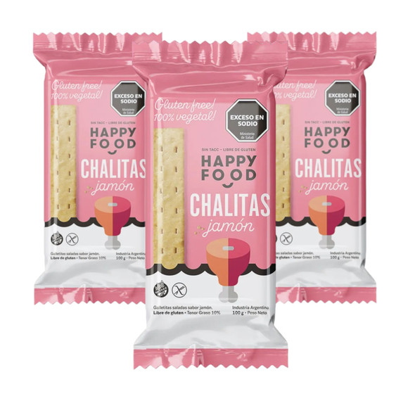 Happy Food Ham Flavor Crackers - Gluten-Free Savory Biscuits Chalitas Sabor Jamón 100% Vegetal, 100 g / 3.5 oz (pack of 3)