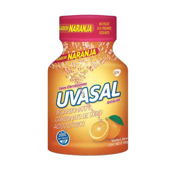 Uvasal Effervescent Antacid Tablets, Orange Flavor Antiacido Estomacal Sabor Naranja, 100 g / 3.52 oz