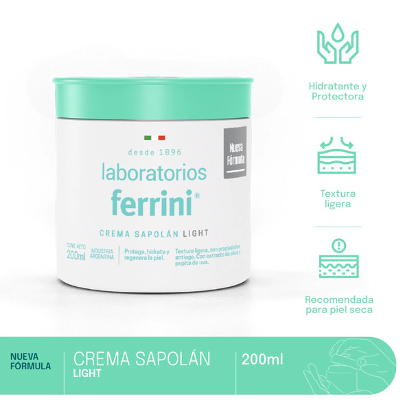 Laboratorios Ferrini Sapolán Light Cream, Lightweight Texture with Olive & Grape Seed Extract, 200 ml / 6.8 fl oz