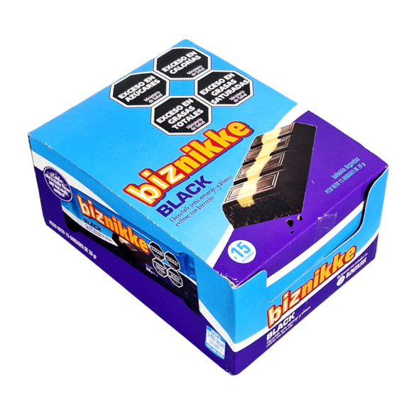 Biznikke Black & Semi-Sweet Chocolate with White Filling & Biscuit, 28 g / 0.98 oz (box of 15)