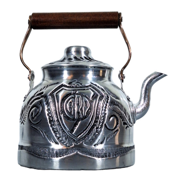 Pava Handmade Aluminum Kettle with Engraved River Plate Crest, Artisan Teapot, 100% Argentine Craft Diseño C.A.R.P