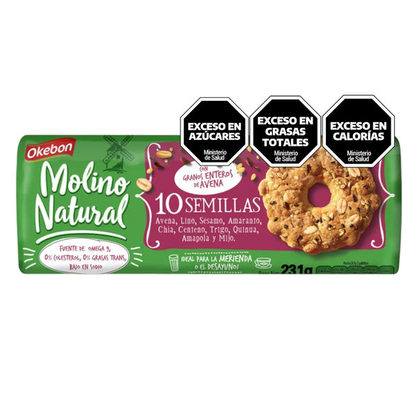 Okebon Molino Natural Sweet Cookies with 10 Seeds: Oats, Flax, Chia, Quinoa, 231 g / 8.1 oz (pack of 3)