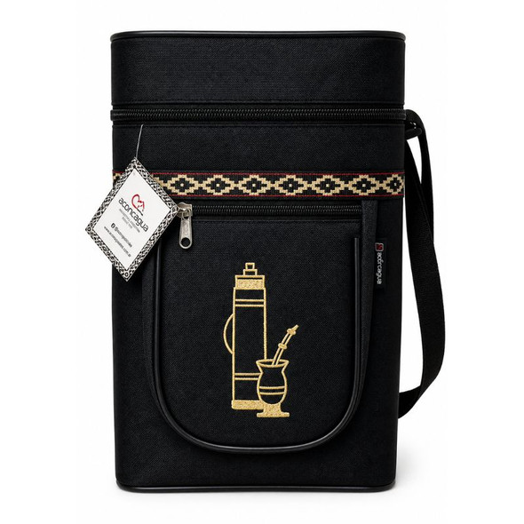 Thermos Carrier Bag in Airplane Fabric with Front Pocket and Brown Printed Design, 30 cm / 11.8'