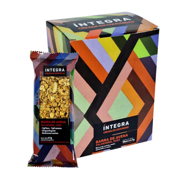 Íntegra Barritas de Avena con Almendra y Nuez Natural Almond & Nuts Nutritive Bars Sweetened with Honey, 41 g / 1.44 oz (box of 10 bars)