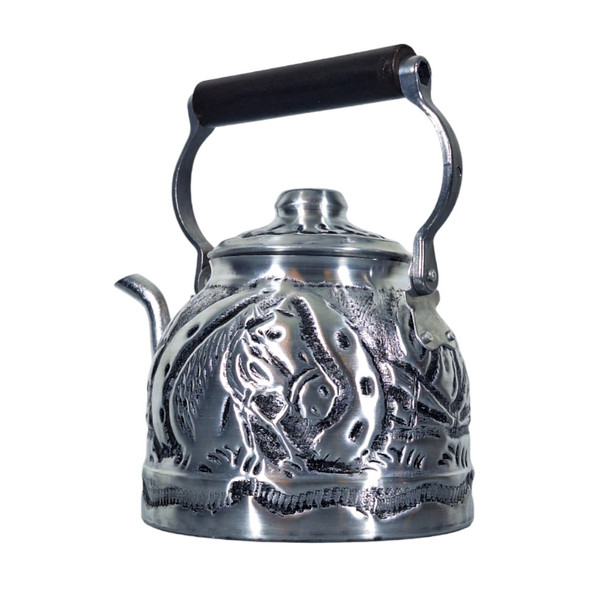 Artisanal Aluminum Kettle with Carved Horse Design, Traditional Pava for Mate & Tea