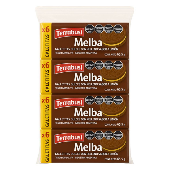 Terrabusi Melba 4-Pack Sweet Sandwich Cookies Lemon Flavor Filling Galletitas Dulces con Relleno Sabor  a Limón, 65.5 g / 2.3 oz (bag of 4)