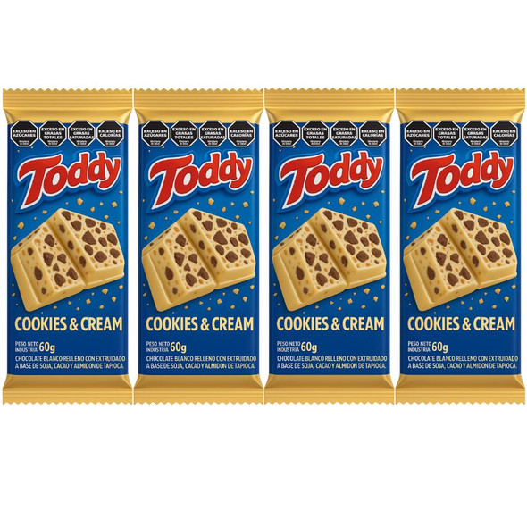 Toddy Chocolate Bar Filled with Cookies & Cream Barra de Chocolate Rellena de Galletas y Crema, 60 g / 2.1 oz (pack of 4)