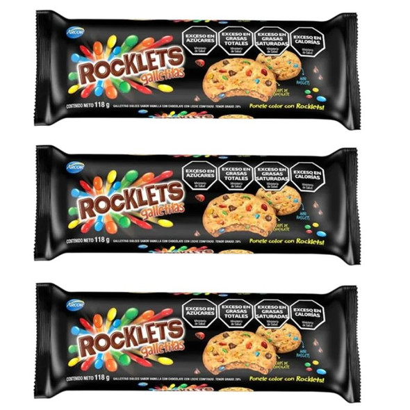 Rocklets Galletitas Cookies with Rocklets Candy Coated Chocolate Chips Galletitas con Chispas de Chocolate Cubiertas de Caramelo Rocklets, 118 g / 4.2 oz (pack of 3)